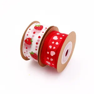 25mm 5M Heart Strawberry Printed Polyester Ribbon Spool for Gift Wrapping and Craft Decor