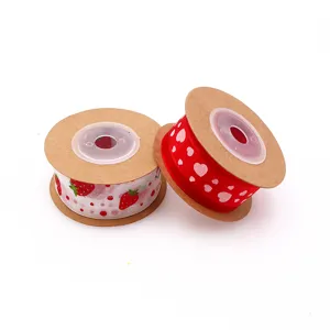 Polyester printed ribbon roll, 25mm width, sweet strawberry and heart patterns for gift wrapping.