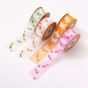 Organza butterfly ribbon 25mm 5m sheer fabric webbing for gift wrapping and spring decor crafts.