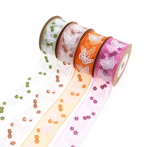 25mm 5m Sheer Organdy Ribbon with Butterfly Print Transparent Ribbon for Gift Wrapping