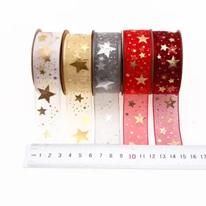 Transparente Organzaband mit Gold- und Silberfolien-Sterne für Geschenkverpackung Weihnachten