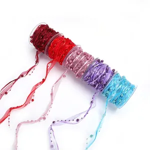 Decorative Polyester Ribbon With Artificial Pearl Chain DIY Craft Ribbon For Gift Wrapping Flower Bouquets Wedding Party