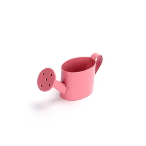 Detalle de mini regadera de metal, accesorio de fotografía para casa de muñecas rosa en miniatura.
