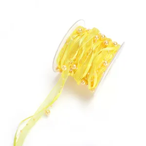 Yellow ribbon with pearls on spool for gift wrapping DIY crafts and floral decoration 10m