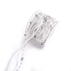 White organza ribbon with silver pearl beads, perfect for gift wrapping and DIY crafts.
