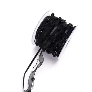 Black pearl organza ribbon trim, 10m roll for DIY gift wrapping and floral craft decoration.