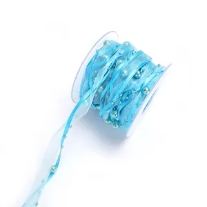 Blue organza ribbon with pearl chain, 10m roll for DIY gift wrapping and flower packaging.