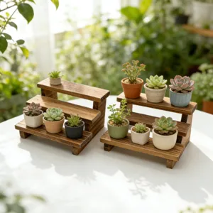 Miniature wooden multi-tier plant stand dollhouse display shelf for succulent pots.