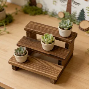 Miniature wooden 3-tier step plant stand detail with tiny succulent pots for dollhouse decor.