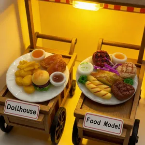 Miniature dollhouse food model set, cute micro burger and steak kitchen accessories.