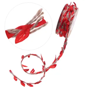 Closeup detail of red artificial leaf braided hemp rope roll for gardening flower packaging.