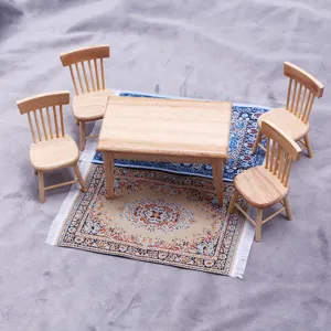 Dollhouse Miniature Wooden Table And Chairs Set With Turkish Style Carpet For Micro Scene