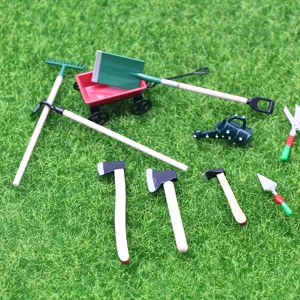 Miniature dollhouse garden tool set, tiny wooden axe and shovel models for doll decoration.