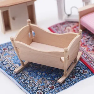 Dollhouse miniature wooden rocking crib baby bed micro model furniture doll accessory 1pc