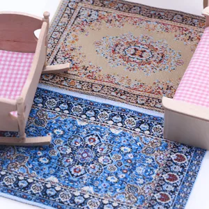 Dollhouse miniature Turkish style woven carpet rug detail shot with tiny wooden furniture.