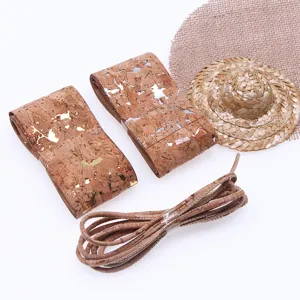 Natural cork ribbon detail, metallic foil PU leather strap and cord for crafts packaging.