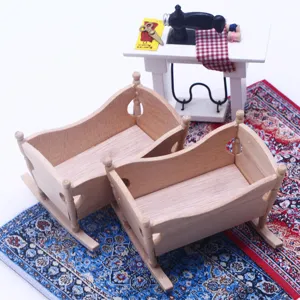 Miniature wooden dollhouse baby cradle crib model doll room furniture decor set detail shot