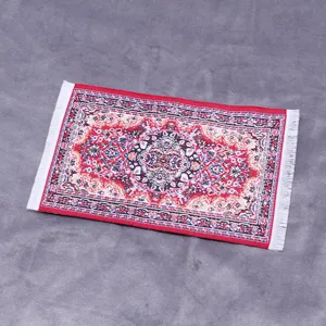Miniature dollhouse Turkish carpet detail shot, traditional vintage style rug decor.