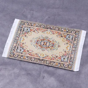 Miniature dollhouse Turkish carpet detail shot, woven pattern rug for dollhouse decor.
