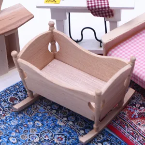 Dollhouse miniature wooden rocking cradle, realistic baby bed model for doll furniture decor.
