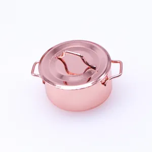Miniature metal soup pot dollhouse kitchen model accessory in shiny rose gold color decor
