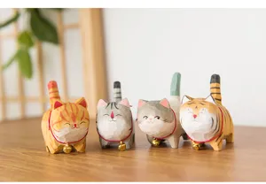 Handmade wooden cat figurines cute animal desktop ornament natural wood craft decor for home