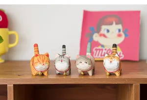 Handcrafted wooden cat figurine desktop ornament cute animal sculpture decoration for home