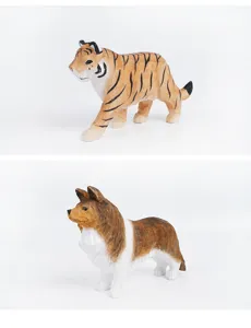 Handgeschnitzte Holztierfiguren, niedliche Tiger und Hund Dekostuecke fuer Tisch und Buero.