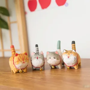 Handmade Wooden Cat Figurine Desktop Ornament Cute Animal Carving Craft with Bell Home Office Decor Gift
