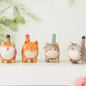 Handmade wooden cat carving desktop ornament cute animal figurine for home decor