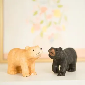 Handcrafted wooden bear figurines set, cute animal desktop home decor and office ornaments.