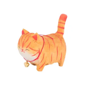 Handmade Wooden Cat Figurine Cute Desktop Ornament Hand-carved Wooden Animal Decor