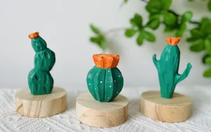 Handmade wooden cactus figurine ornament set with round base for home desk decor display