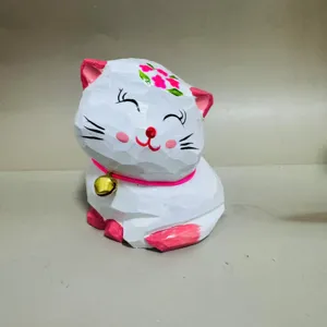 Hand-carved wooden cat figurine with pink floral painted details, cute bell collar decor.
