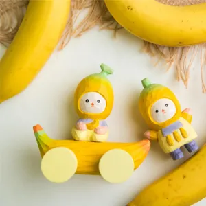 Wooden carved banana figurine desktop decoration, creative cute cartoon fruit wooden craft gift.