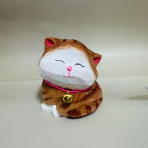 Hand-carved wooden cat figurine, cute creative animal ornament for home decor and unique gifts.
