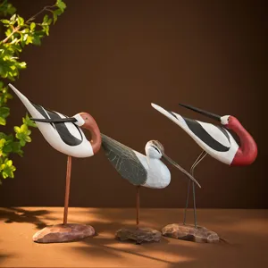 Handmade Wooden Water Bird Figurine Desktop Ornament Nordic Style Cute Animal Wood Carving Home Decor Gift