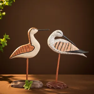 Handmade wooden water bird figurine desktop ornament home decor craft sculpture set for table