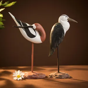 Handmade wooden bird figurine desktop ornament for home decor with metal stands pair.