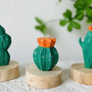 Handmade wooden cactus ornament Japanese creative desktop decor solid wood craft gift