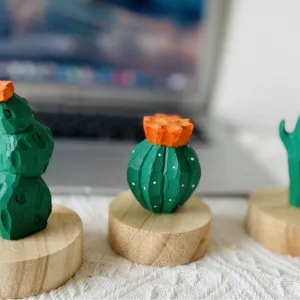 Handcrafted wooden cactus ornament with a natural round base, perfect creative gift and desktop decor.