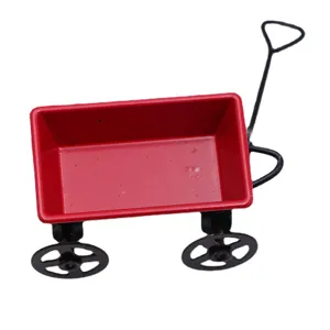 Miniature red metal toy wagon dollhouse micro scene photography prop miniature accessory.