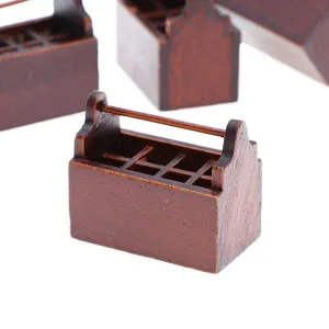 Miniature wooden dollhouse accessory box detail, retro brown miniature crate prop.