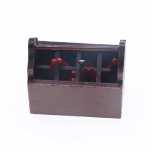 Dollhouse miniature wooden tool box detail, miniature photography prop and small accessories.