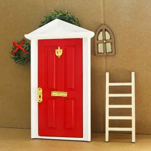 Miniature dollhouse fairy door set with red door ladder window for Christmas decor.