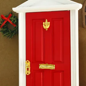 Dollhouse miniature red door with gold hardware and Christmas wreath decoration for doll