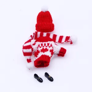 Mini doll knit sweater set detail view, cute red white winter clothing for plush toys and dolls.