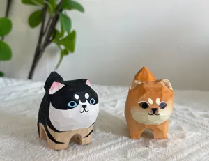 Hand carved wooden animal figurine desktop ornament, cute Shiba Inu and cat design details.