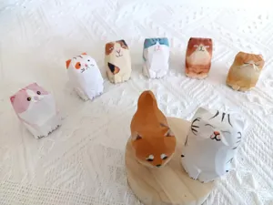 Handmade wooden cat and dog animal figurines cute desktop ornaments gift details view