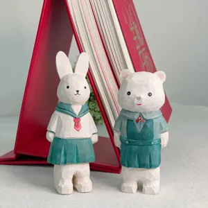 Handmade wooden animal figurines set cute rabbit and bear desktop ornaments for room decor